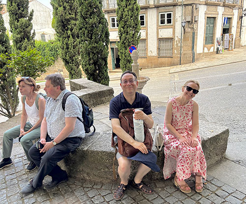 Group break at Guimarães castle complex. From left: Kristin Cook Gailloud, Jean-Sébastien Macke, Michael Rosenfeld, Célia Vieira