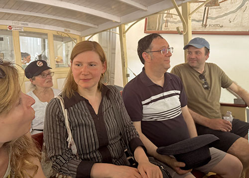 In the funicular: From left: Kristin Cook Gailloud, Valérie Stiénon, Michael Rosenfeld, Sébastien Roldan
