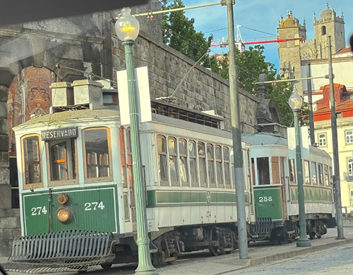 Streetcar, cathedral in background